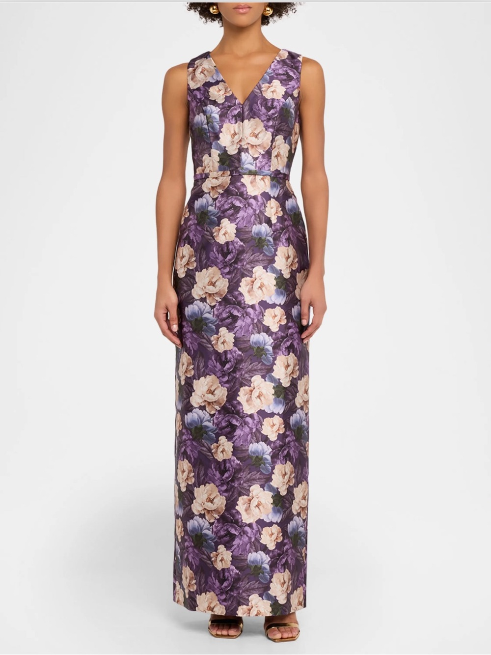 new Sachin and Babi Adellyn Floral-Print Mikado Column Gown in winter peony